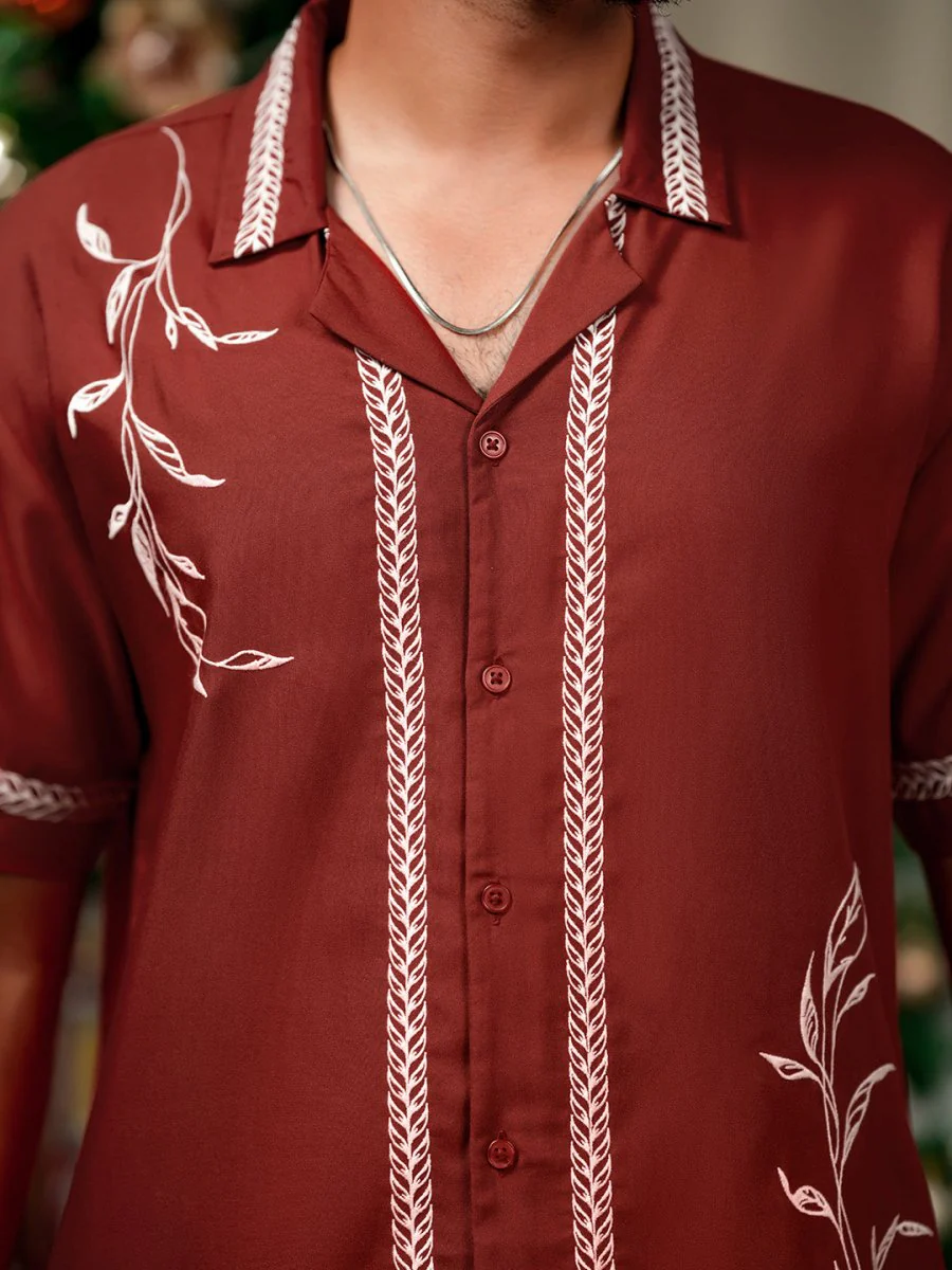 Red Leaf Embroidered Shirt | Men - Image 4